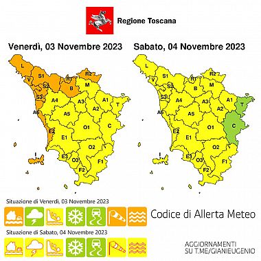 La mappa dell'allerta della Regione Toscana