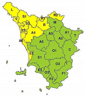 La mappa dell'allerta della Regione Toscana