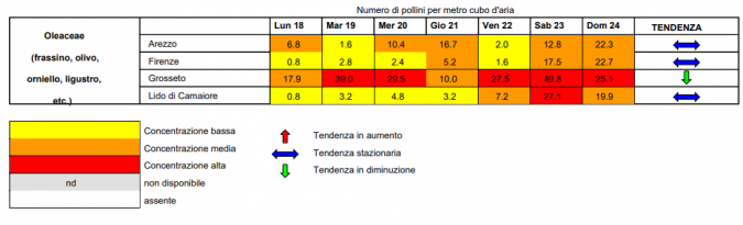 Le concentrazioni di pollini di Oleacee tabella